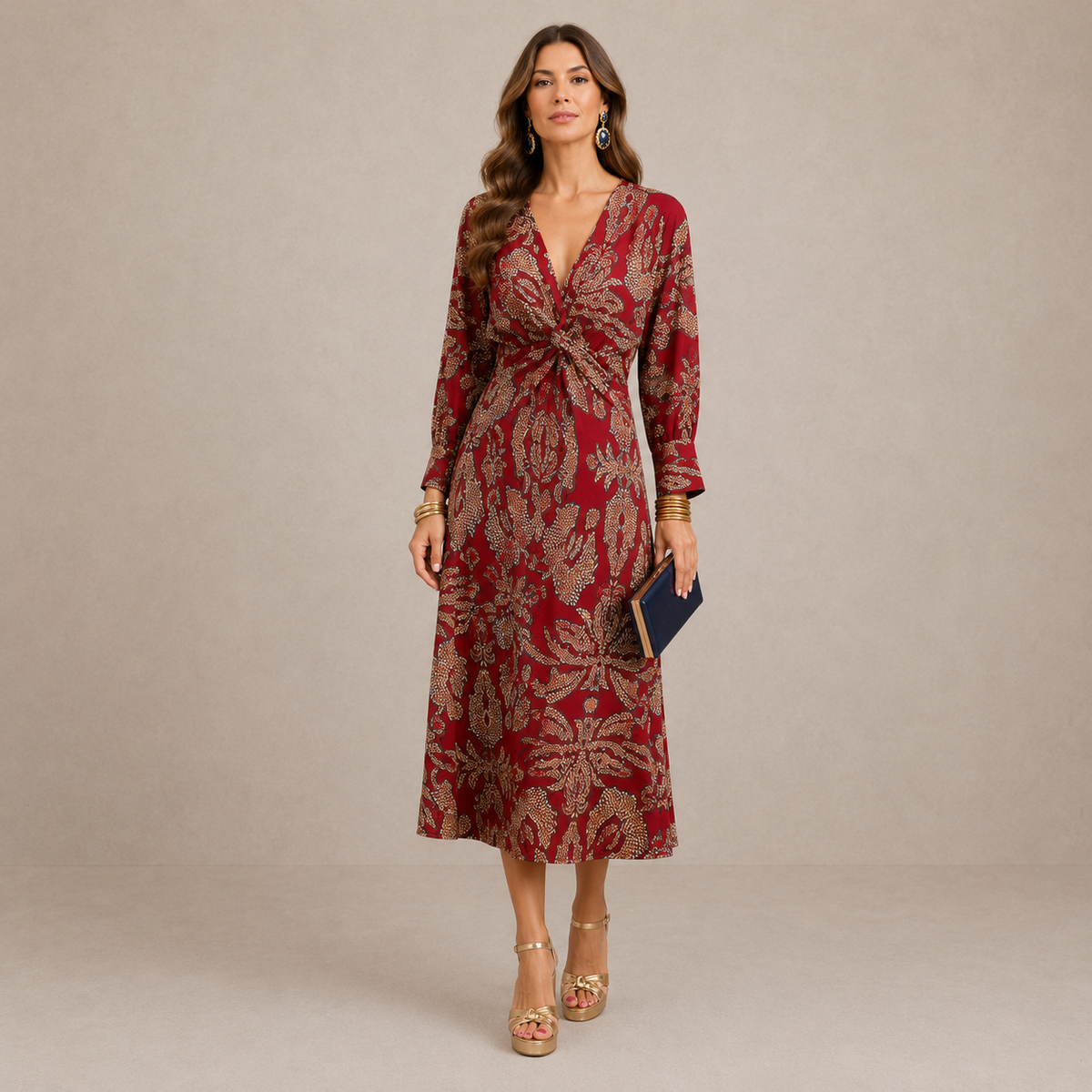 Vestido midi estampado con nudo delantero