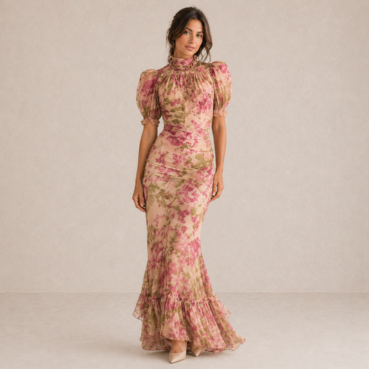 Vestido largo floral con mangas abullonadas