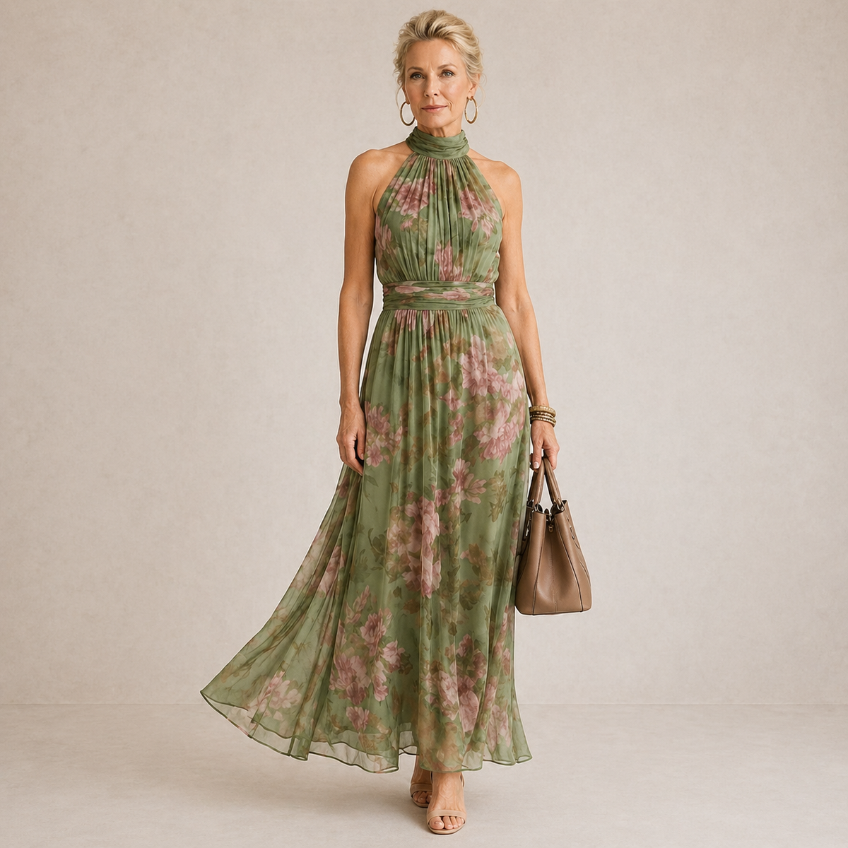 Vestido midi floral con escote halter
