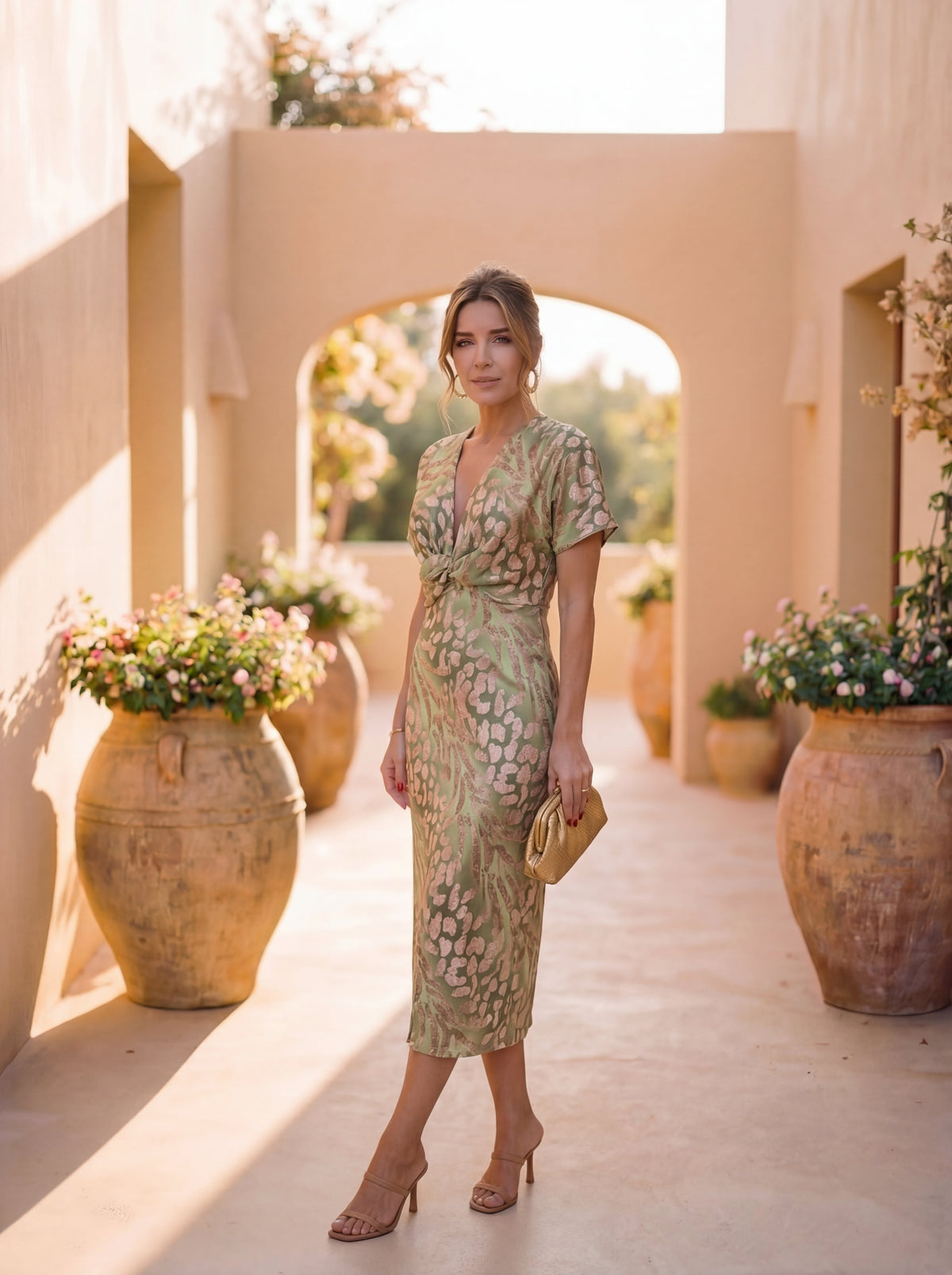 Vestido midi con estampado de hojas