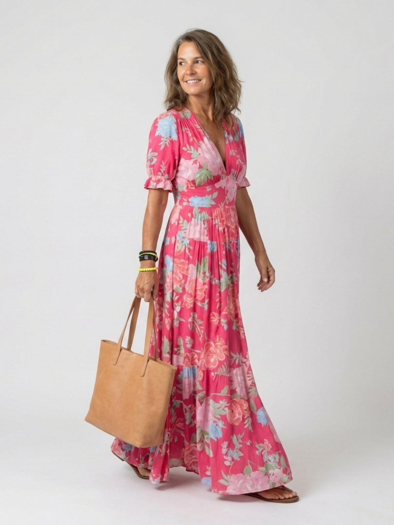 Vestido largo floral con escote en V