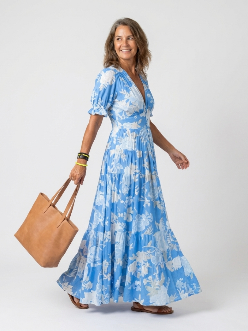 Vestido largo floral con escote en V