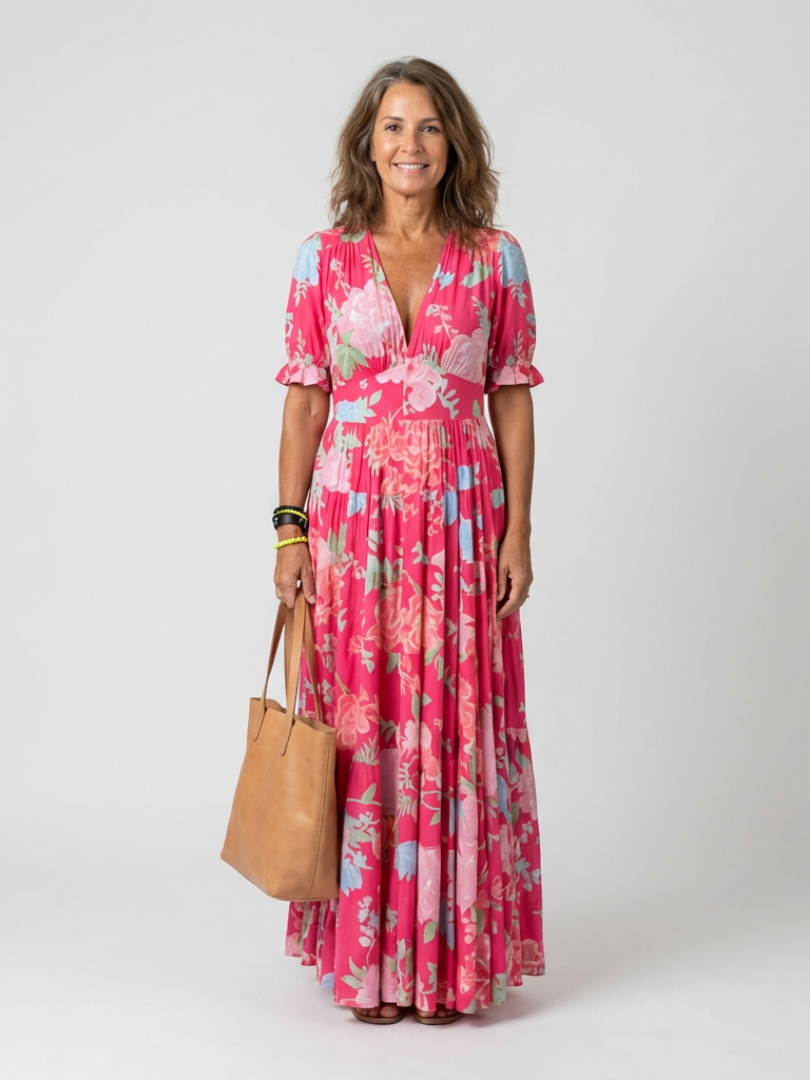 Vestido largo floral con escote en V