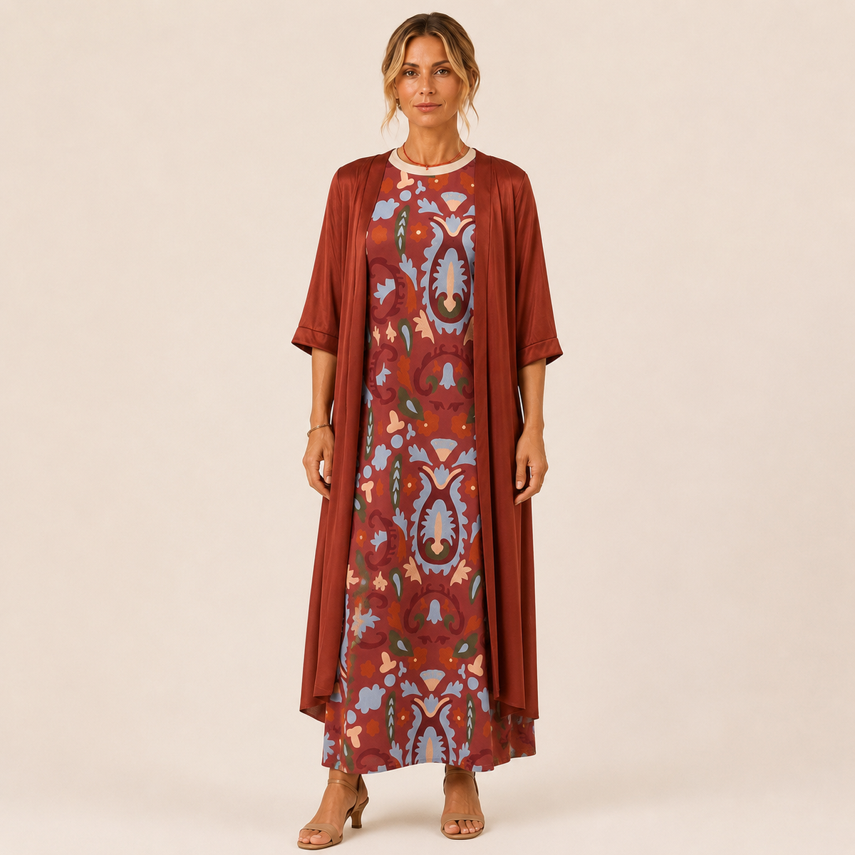 Conjunto de vestido largo y chaleco