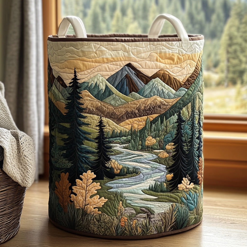 Cesto acolchado hecho a mano con paisaje de bosque