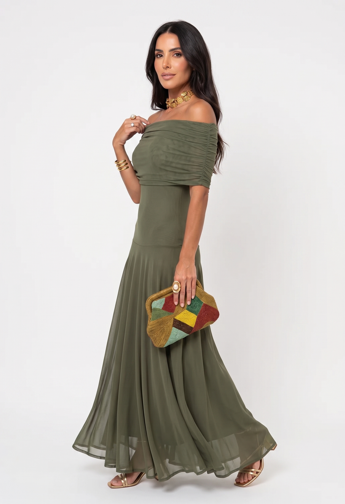 Vestido largo estampado con escote asimétrico
