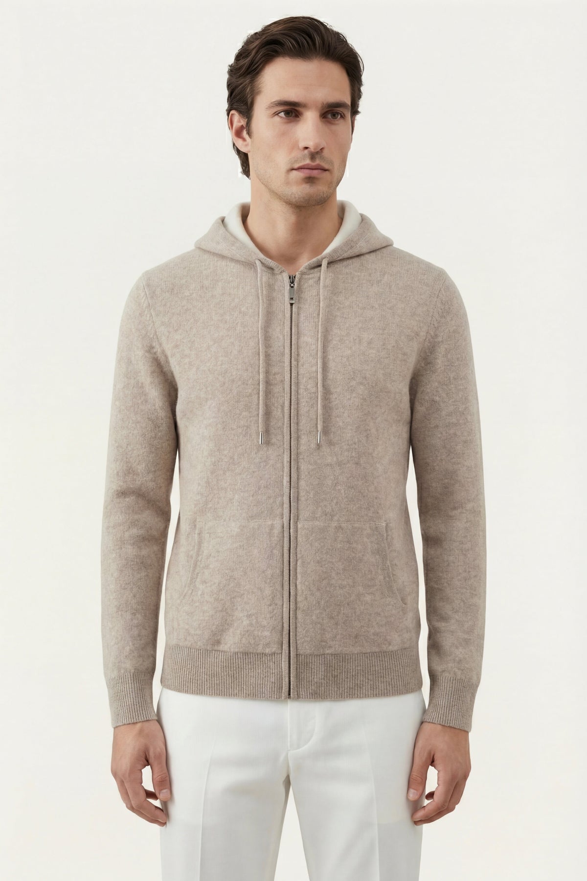 Santo Zip-Up Beige | Hooded Knit Zip-Up