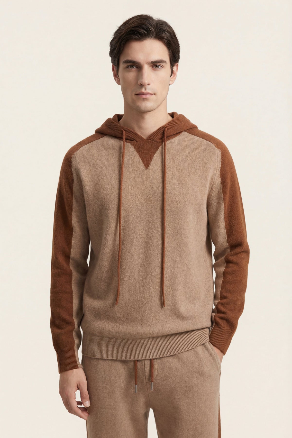 Jacquard Signature Set Beige | Hooded Knit Tracksuit