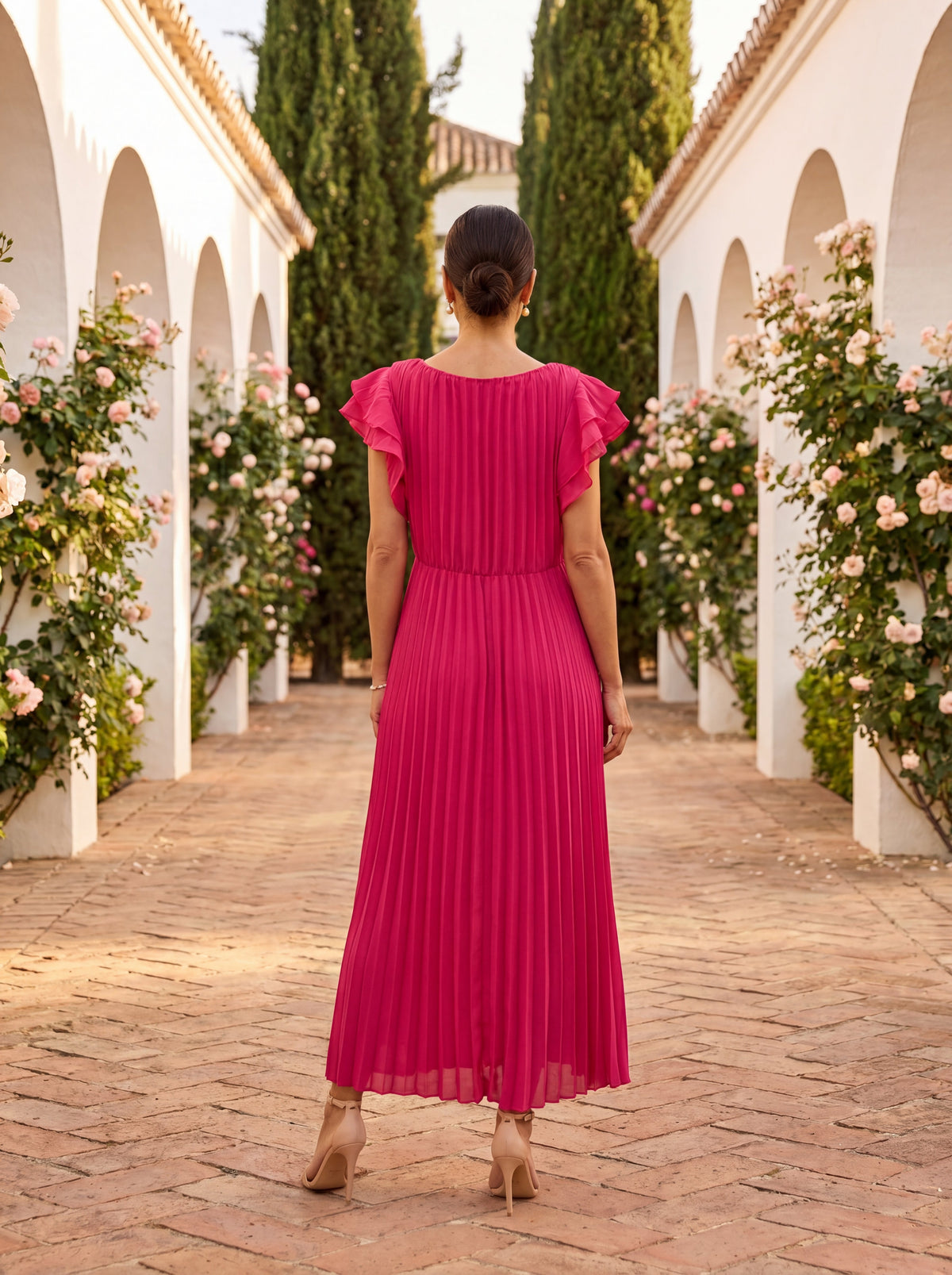 Vestido midi plisado con lazo delantero