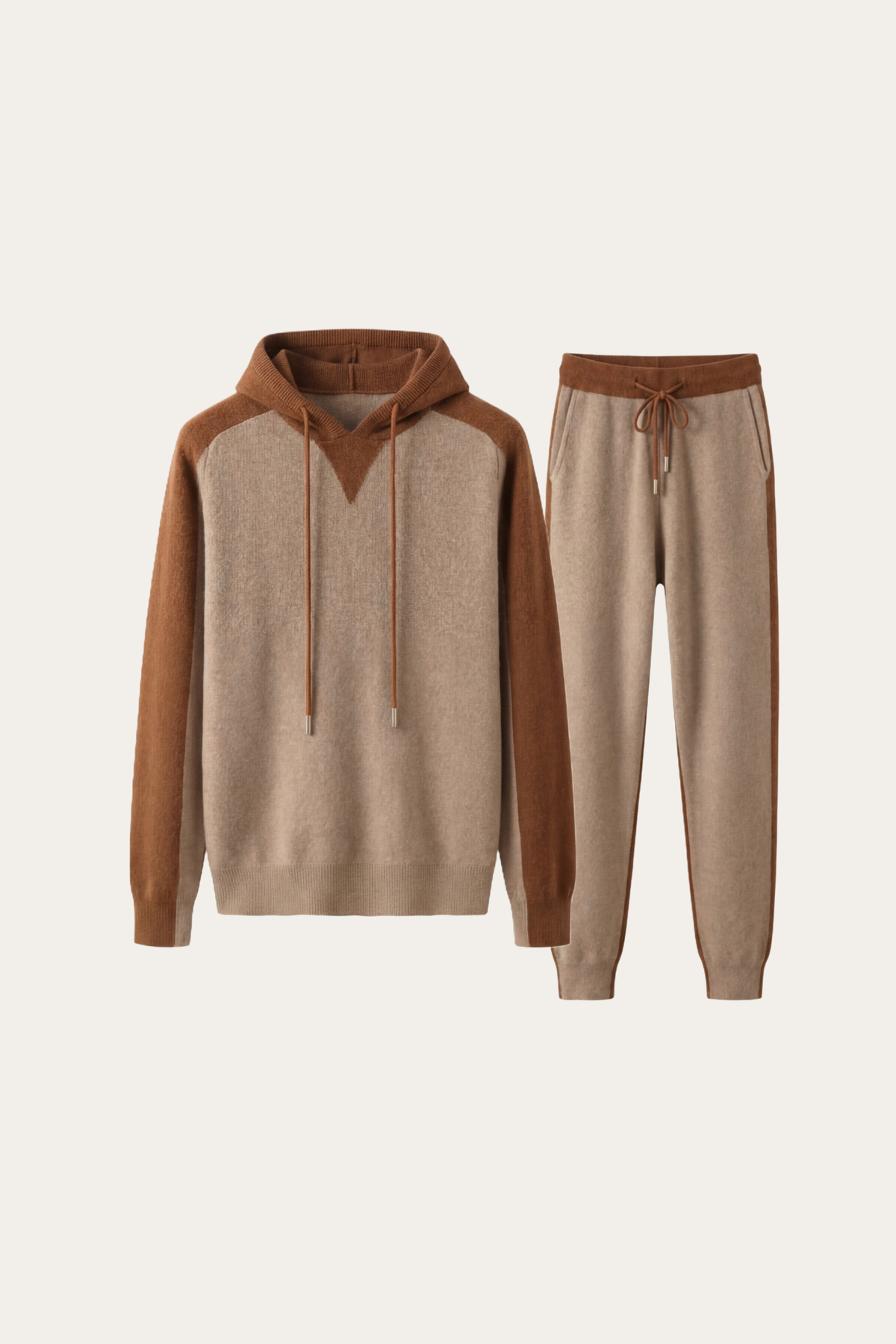 Jacquard Signature Set Beige | Hooded Knit Tracksuit