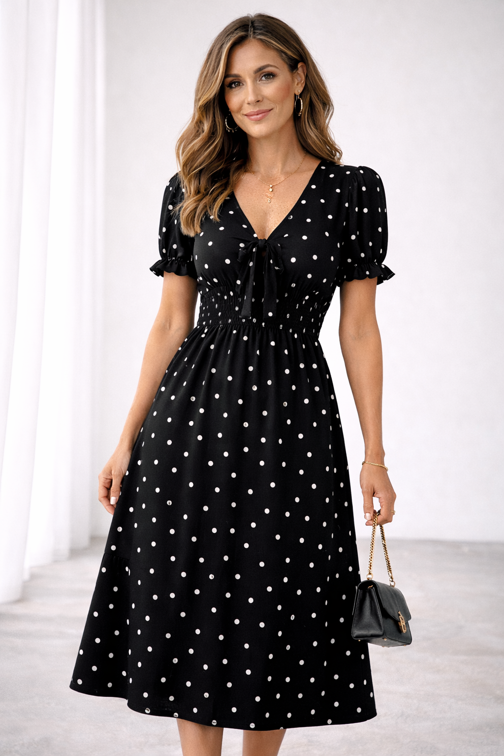 Vestido midi de lunares con volantes