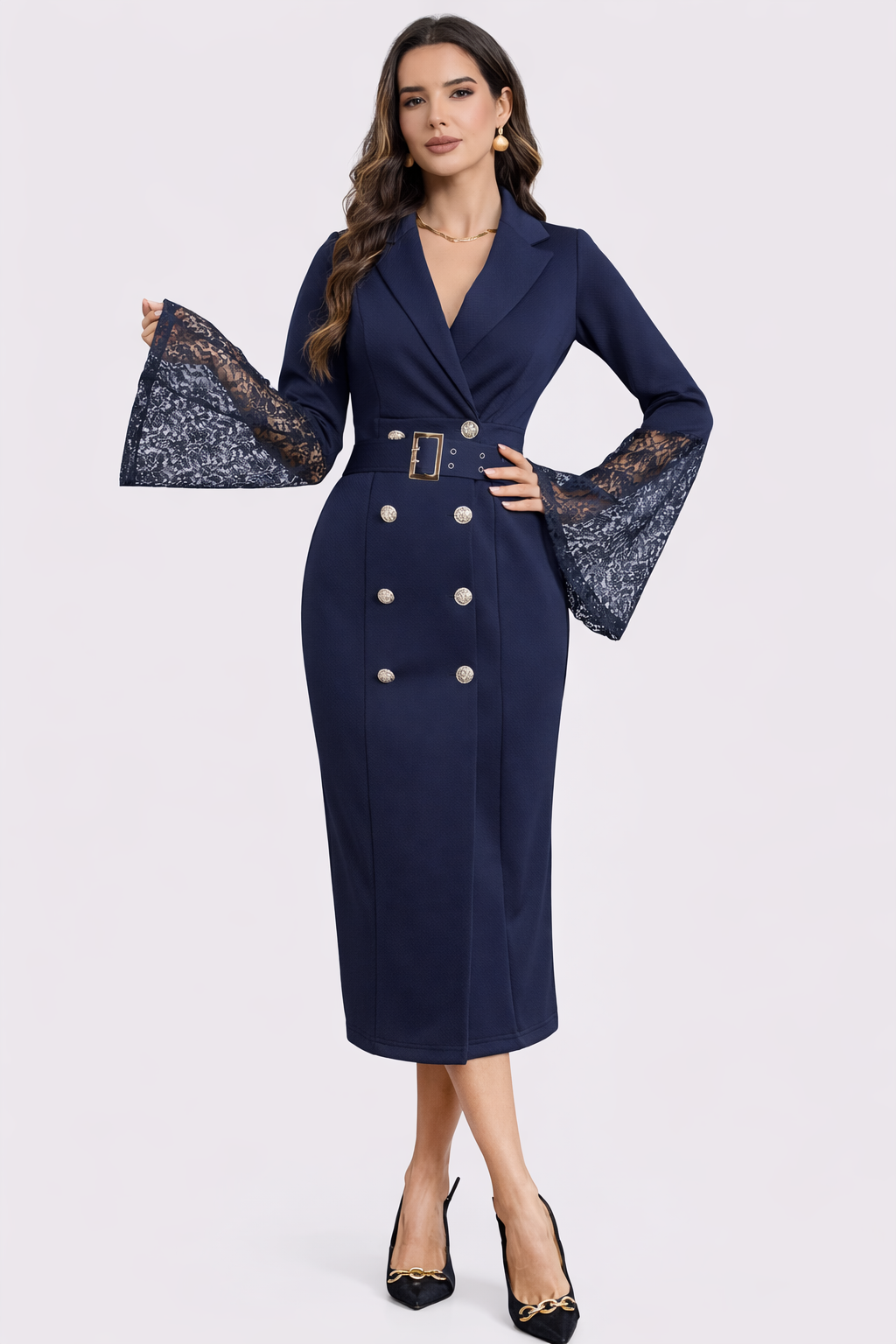 Vestido midi con mangas de encaje
