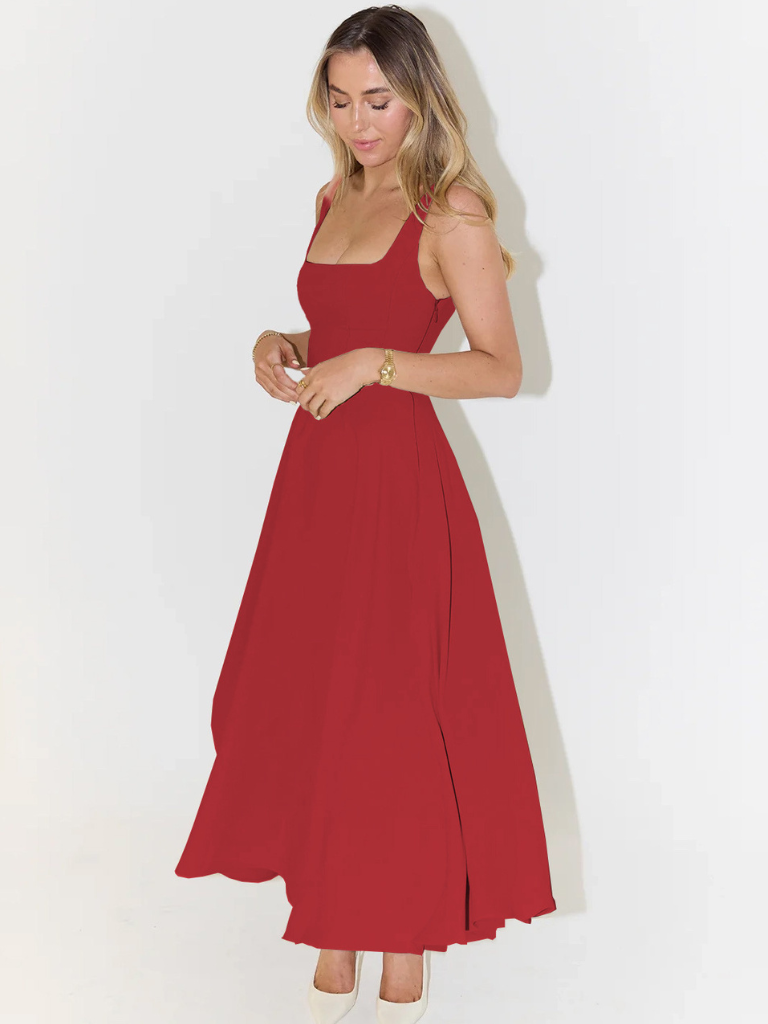 Vestido midi fluido con cuello cuadrado