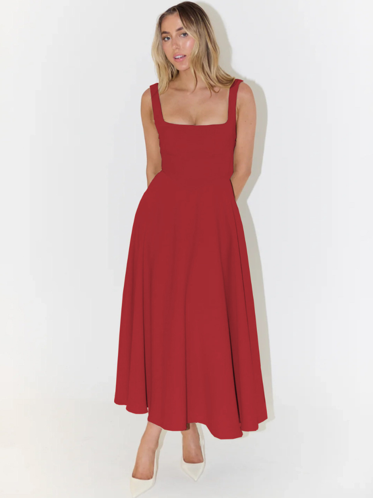 Vestido midi fluido con cuello cuadrado