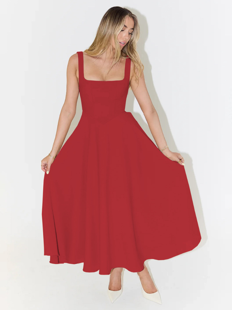 Vestido midi fluido con cuello cuadrado