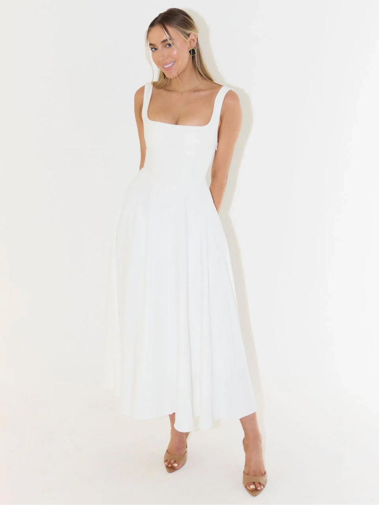 Vestido midi fluido con escote cuadrado