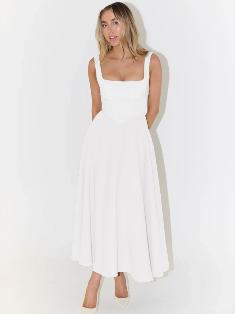 Vestido midi fluido con cuello cuadrado