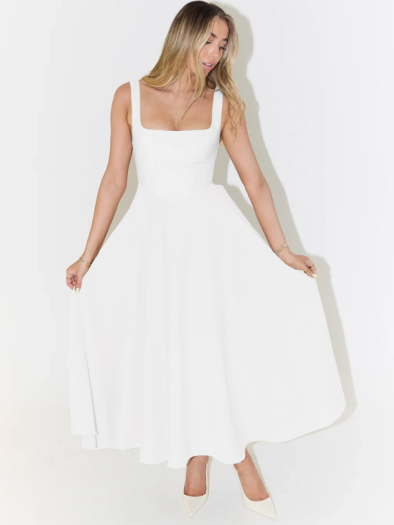 Vestido midi fluido con cuello cuadrado