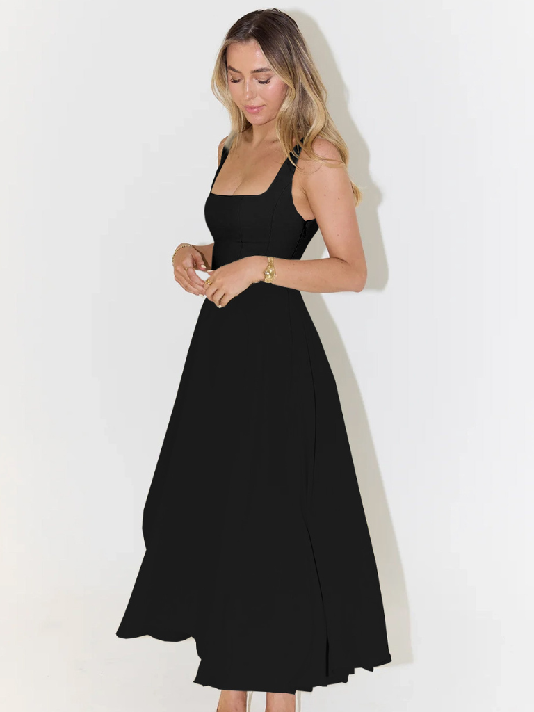 Vestido midi fluido con cuello cuadrado