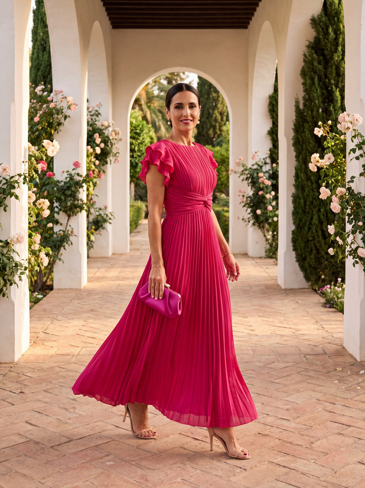 Vestido midi plisado con lazo delantero