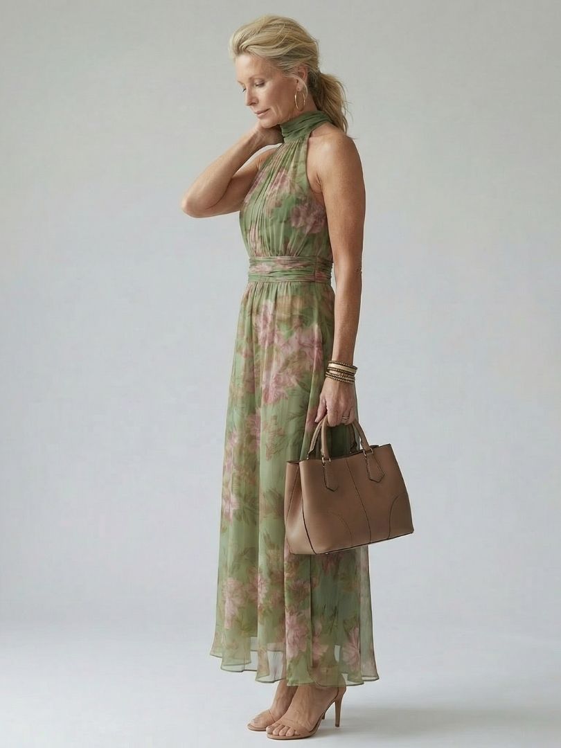 Vestido midi floral con escote halter