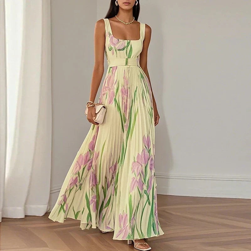 Vestido largo plisado con estampado floral