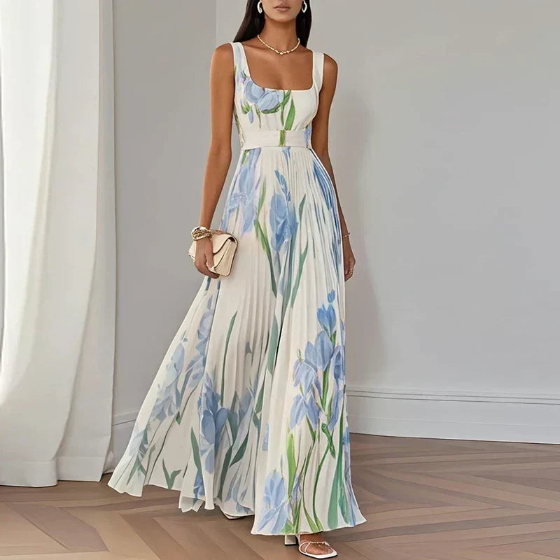 Vestido largo plisado con estampado floral