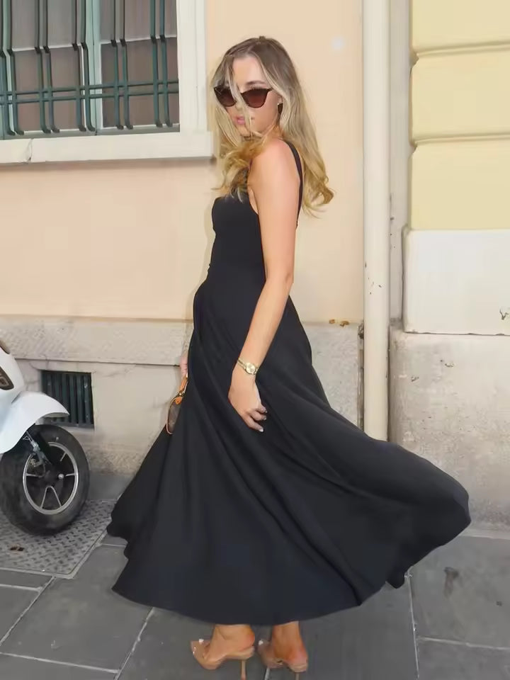 Vestido midi fluido con cuello cuadrado
