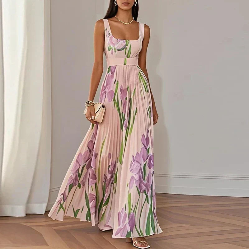 Vestido largo plisado con estampado floral