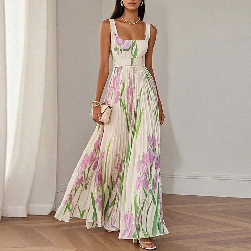 Vestido largo plisado con estampado floral