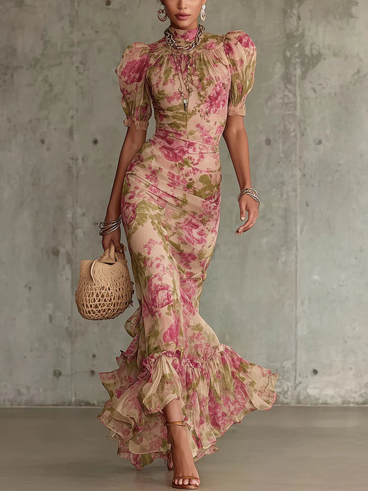Vestido largo floral con mangas abullonadas