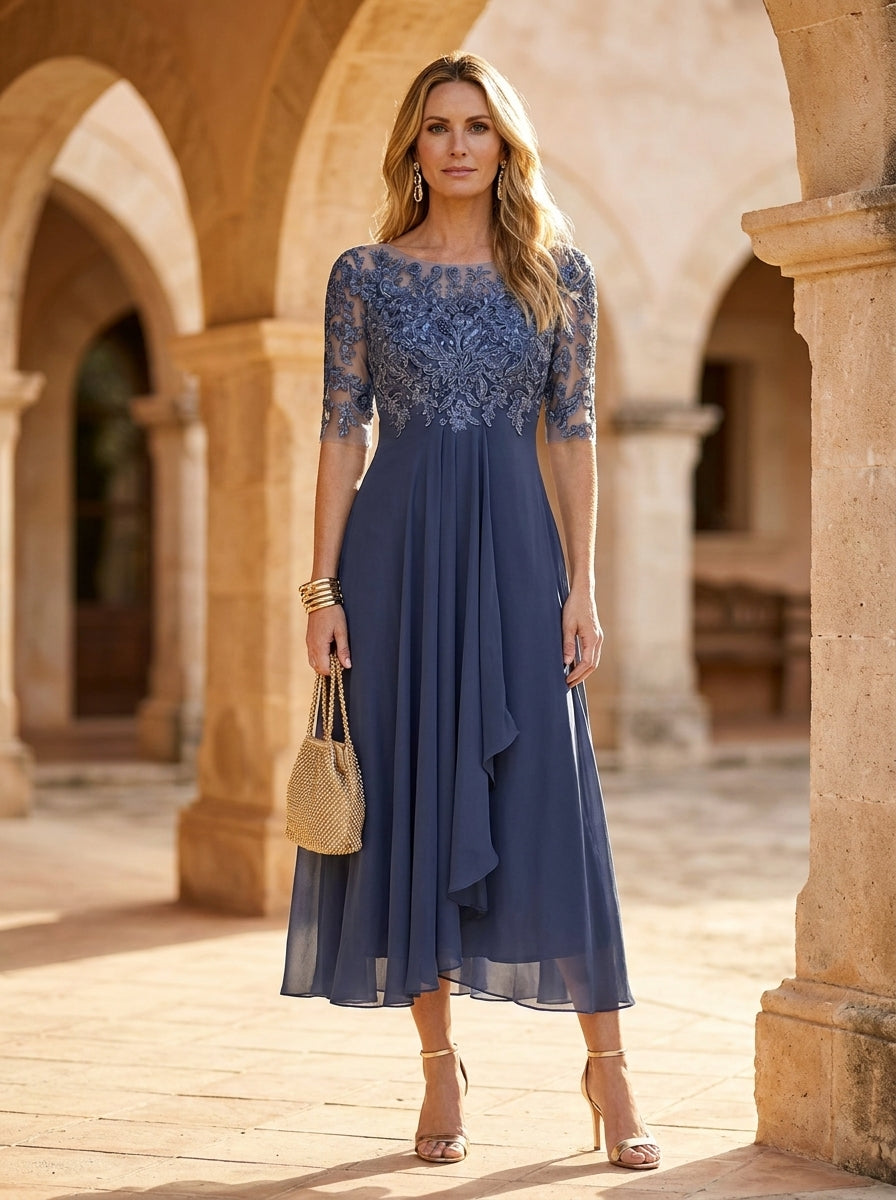 Vestido midi de encaje con drapeado