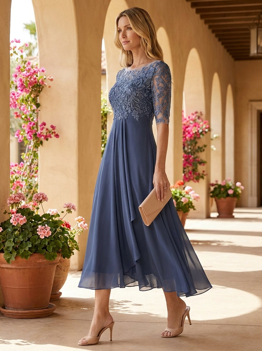 Vestido midi de encaje con drapeado