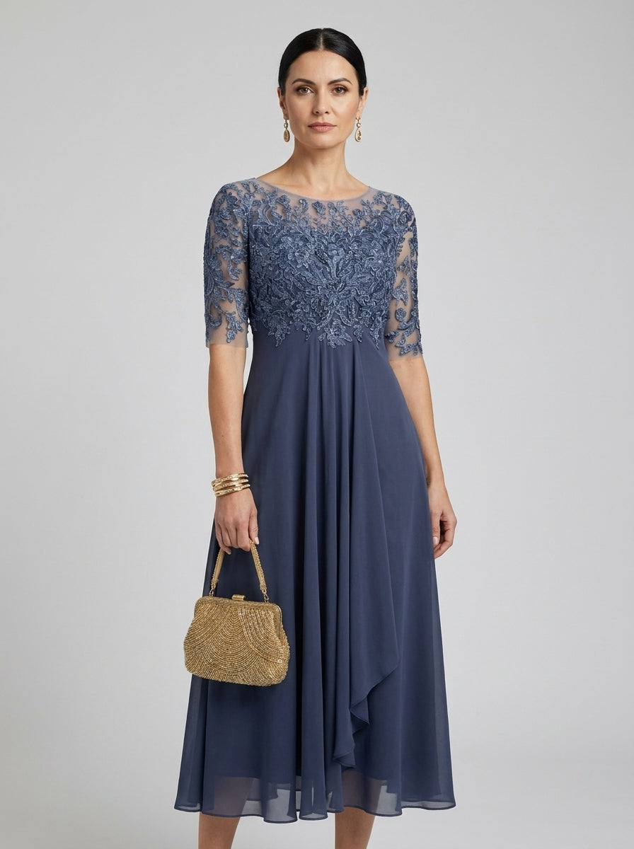 Vestido midi de encaje con drapeado