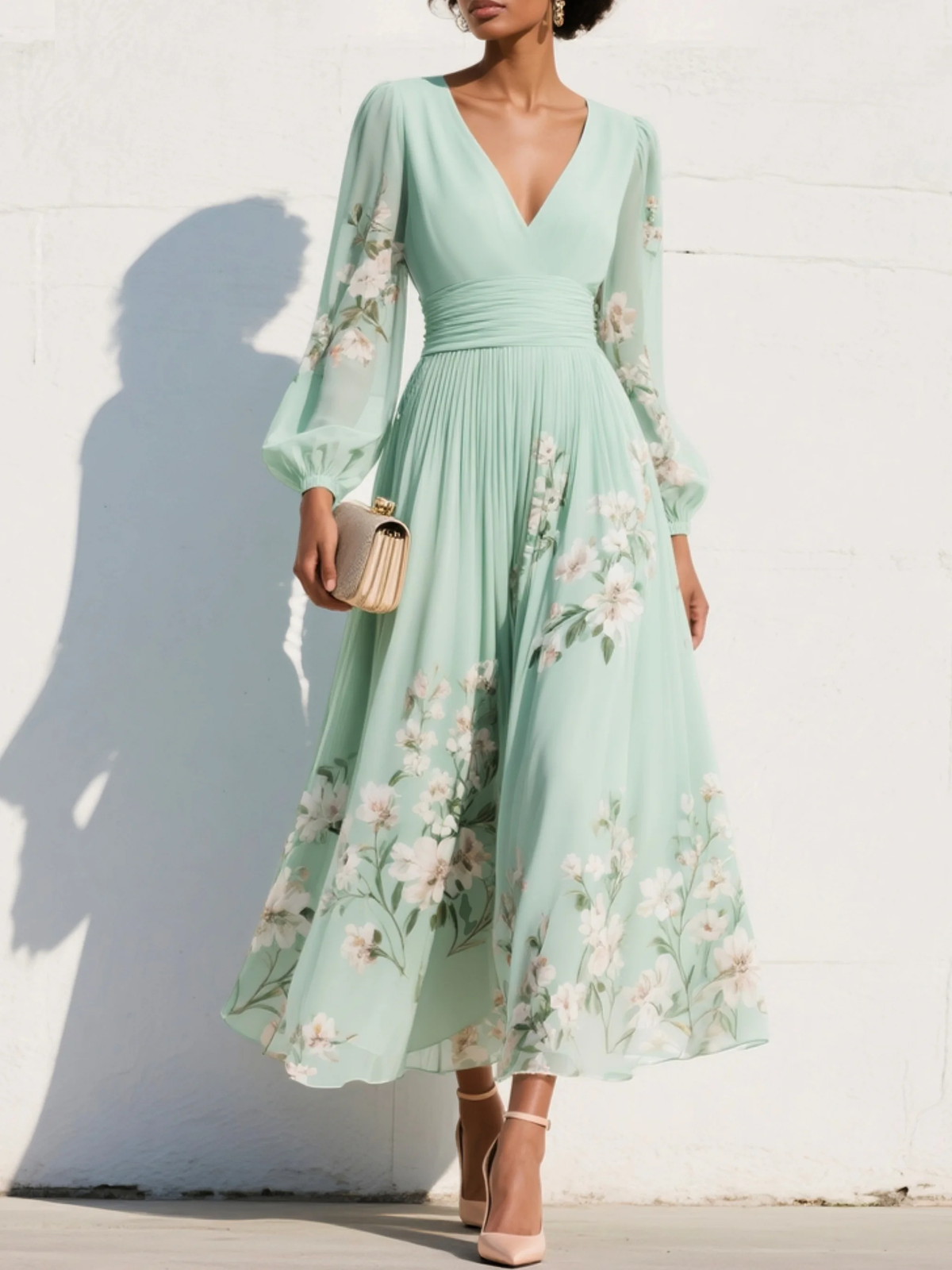 Vestido midi con mangas abullonadas y flores