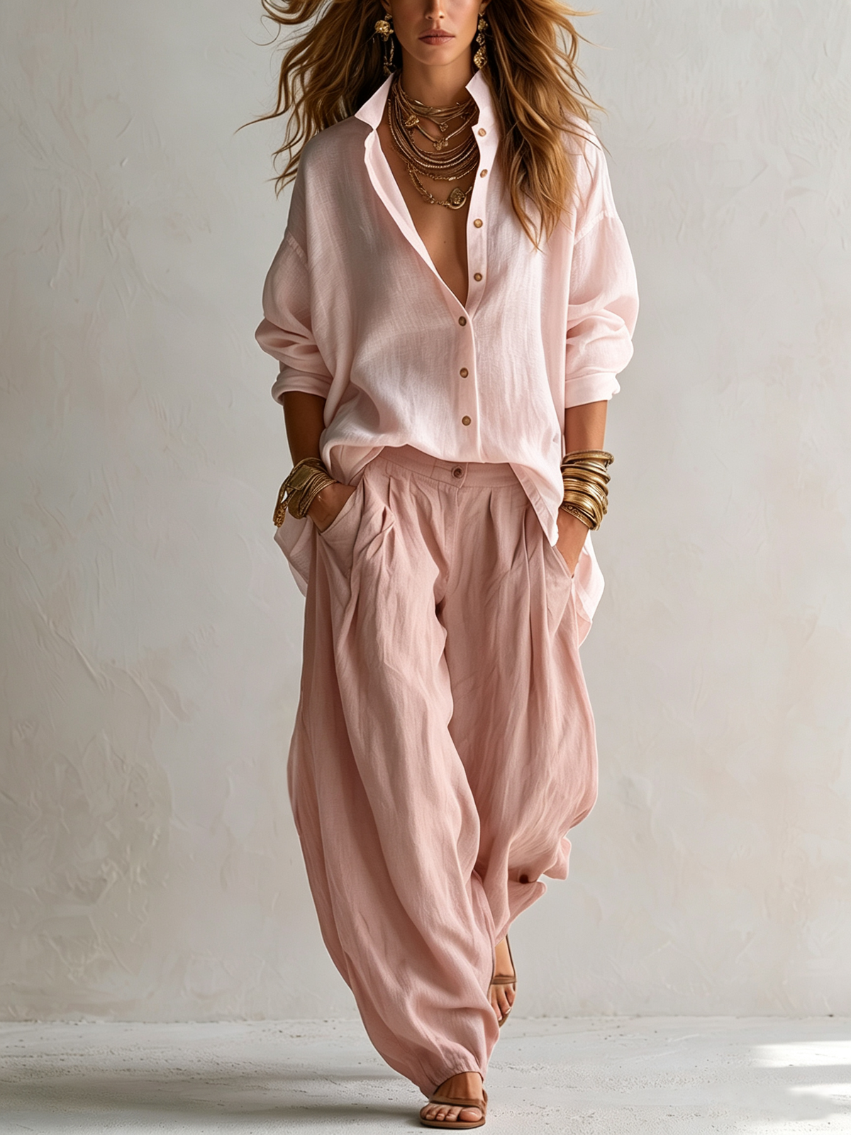 Conjunto de camisa blanca y pantalón globo verde olivo