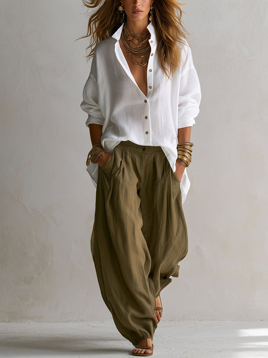 Conjunto de camisa blanca y pantalón globo verde olivo
