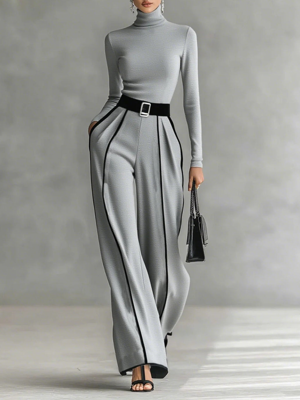 Conjunto de cuello alto con ribetes blancos y pantalón ancho