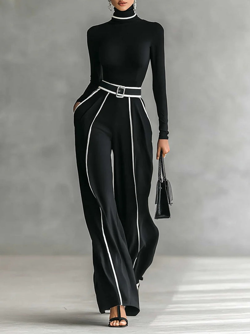 Conjunto de cuello alto con ribetes blancos y pantalón ancho