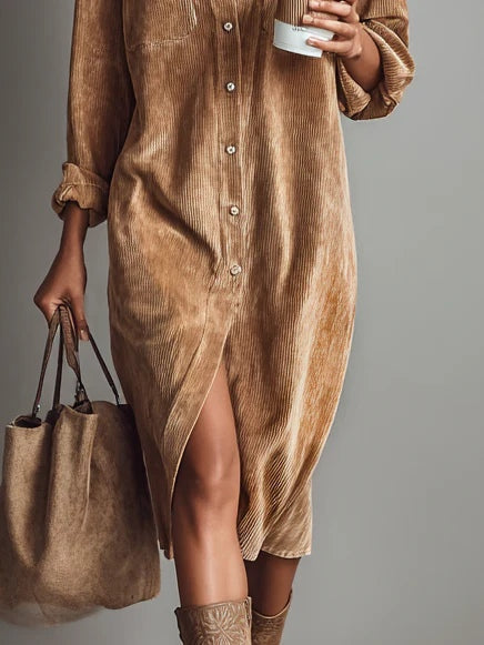 Vestido midi de pana con bolsas y botonadura
