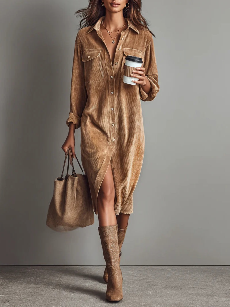 Vestido midi de pana con bolsas y botonadura