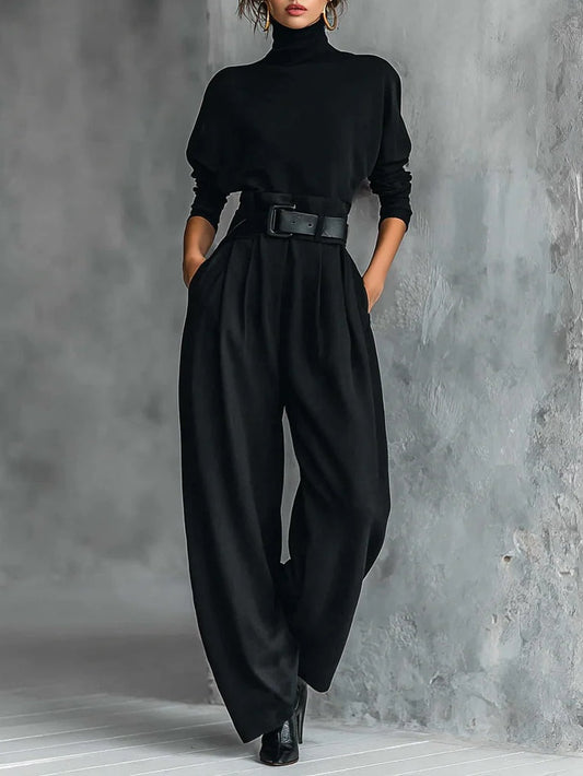 Conjunto de top de cuello alto negro y pantalón recto