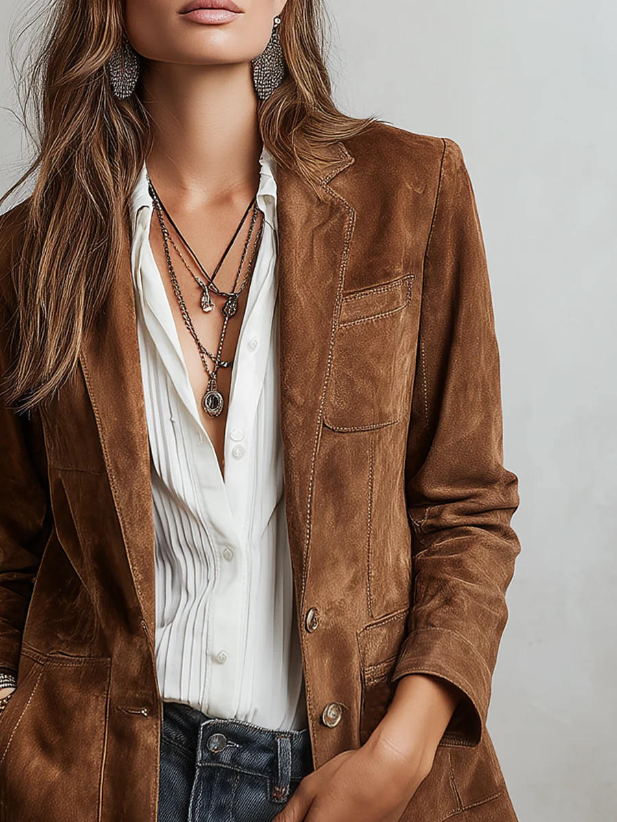 Blazer ante marrón con pespuntes retro