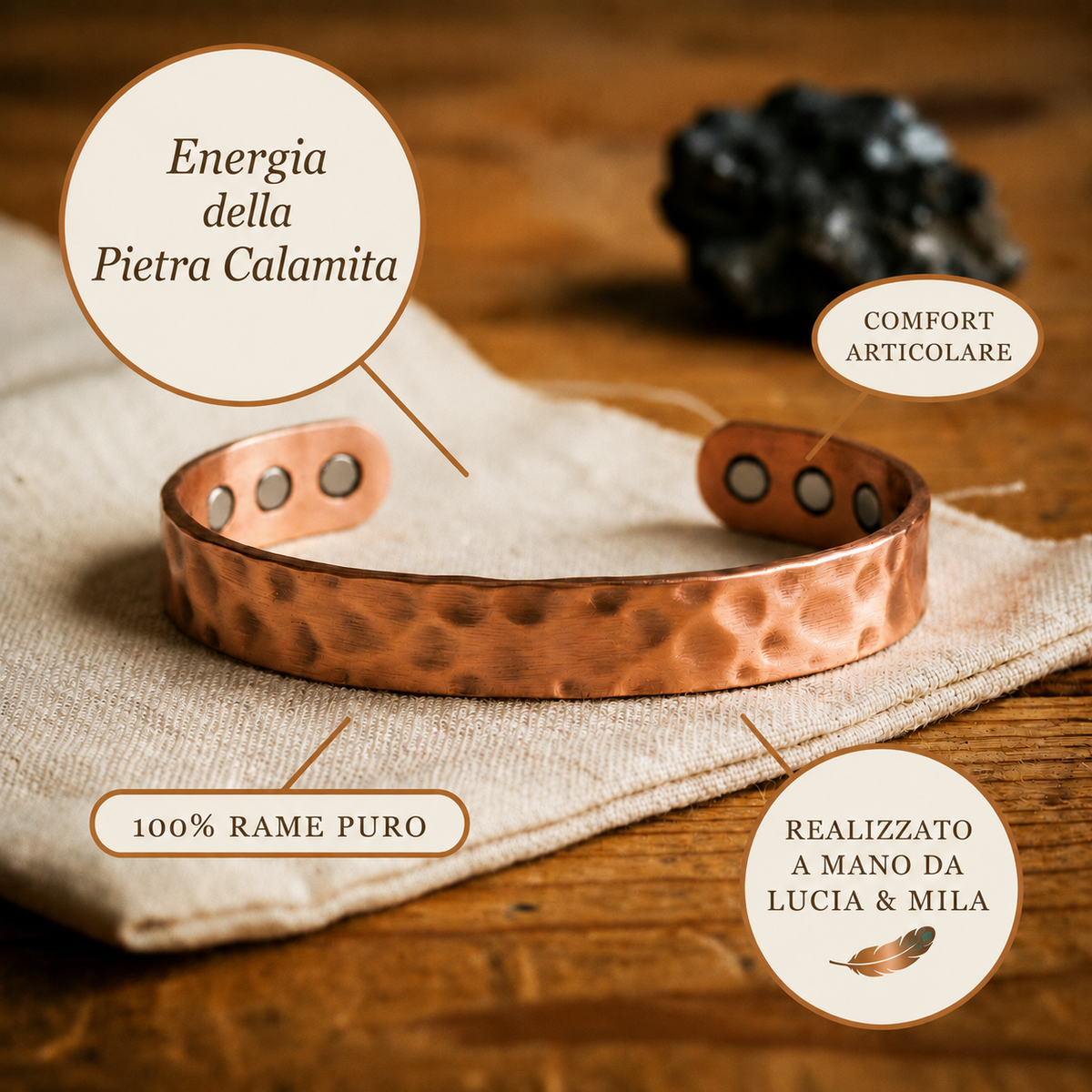 Pulsera de cobre martillado con imán