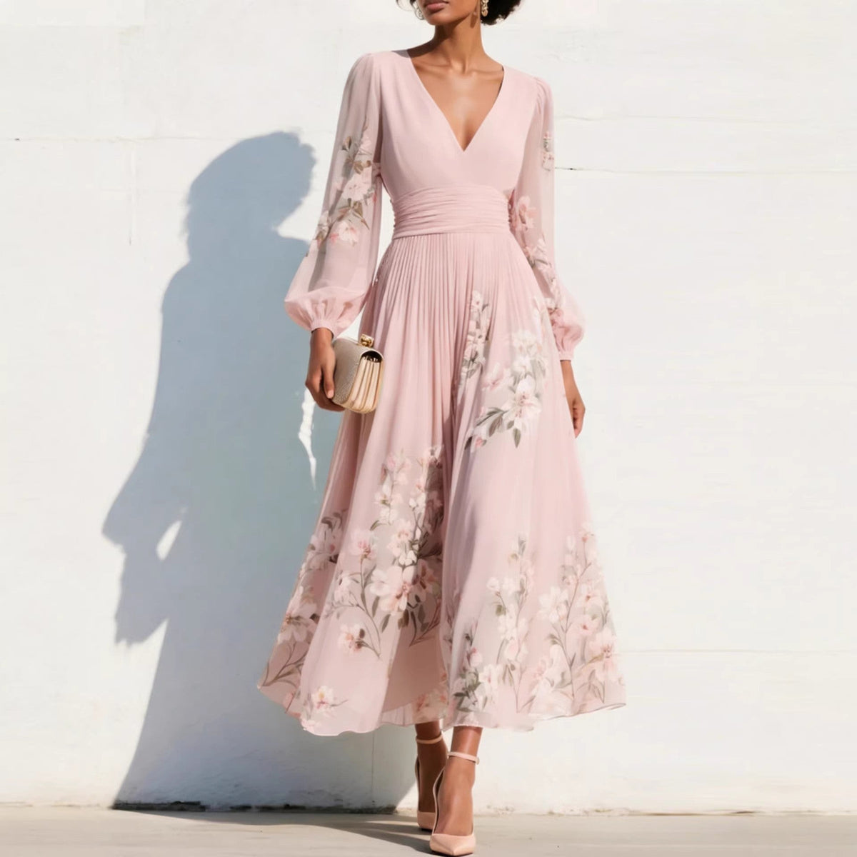 Vestido midi con mangas abullonadas y flores