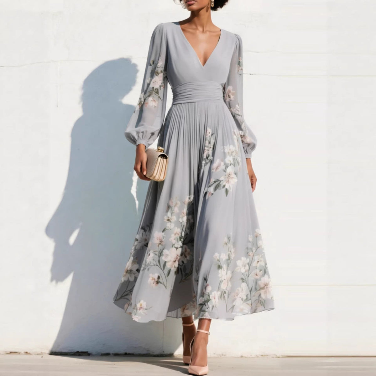 Vestido midi con mangas abullonadas y flores