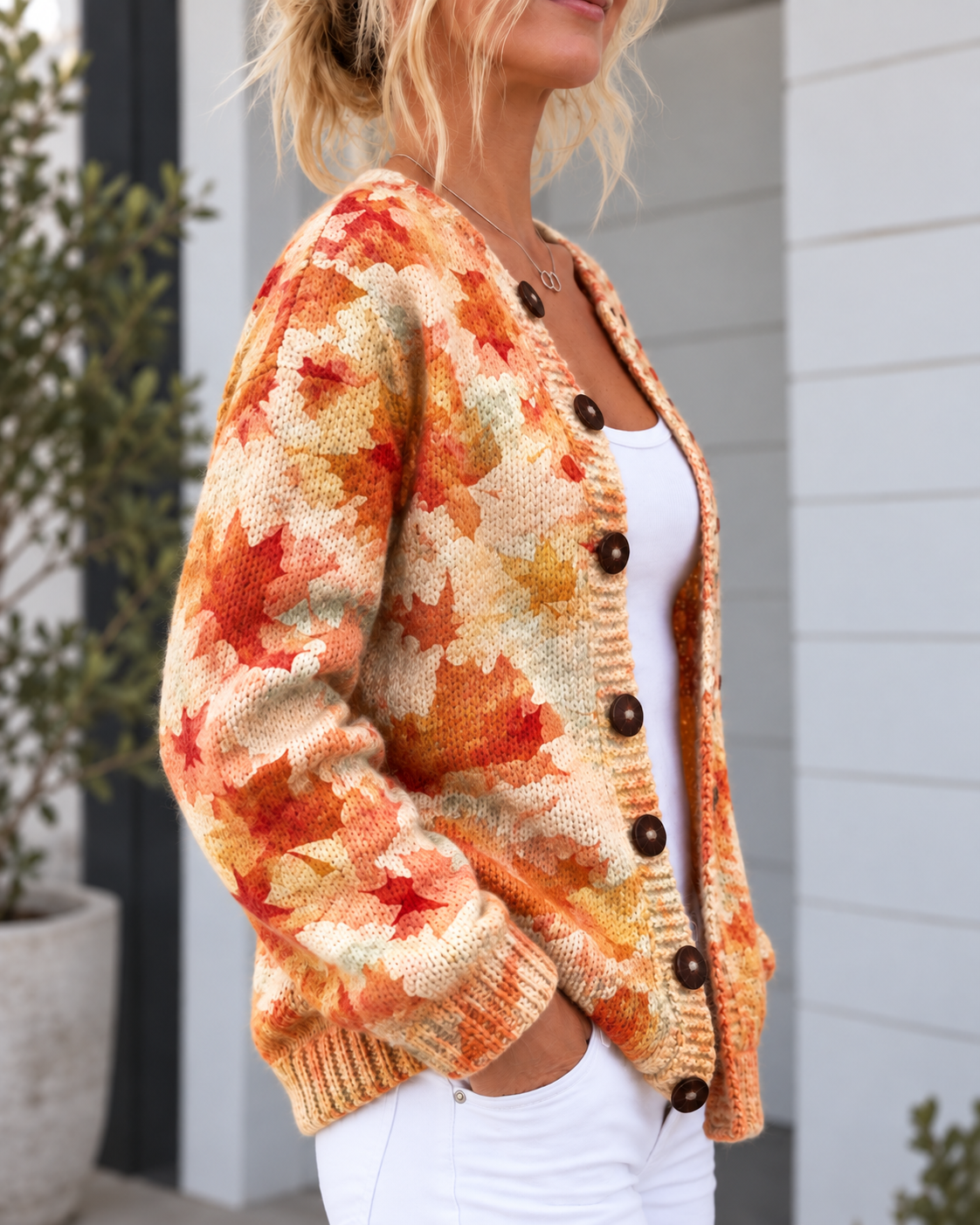 Cárdigan de punto con estampado otoñal