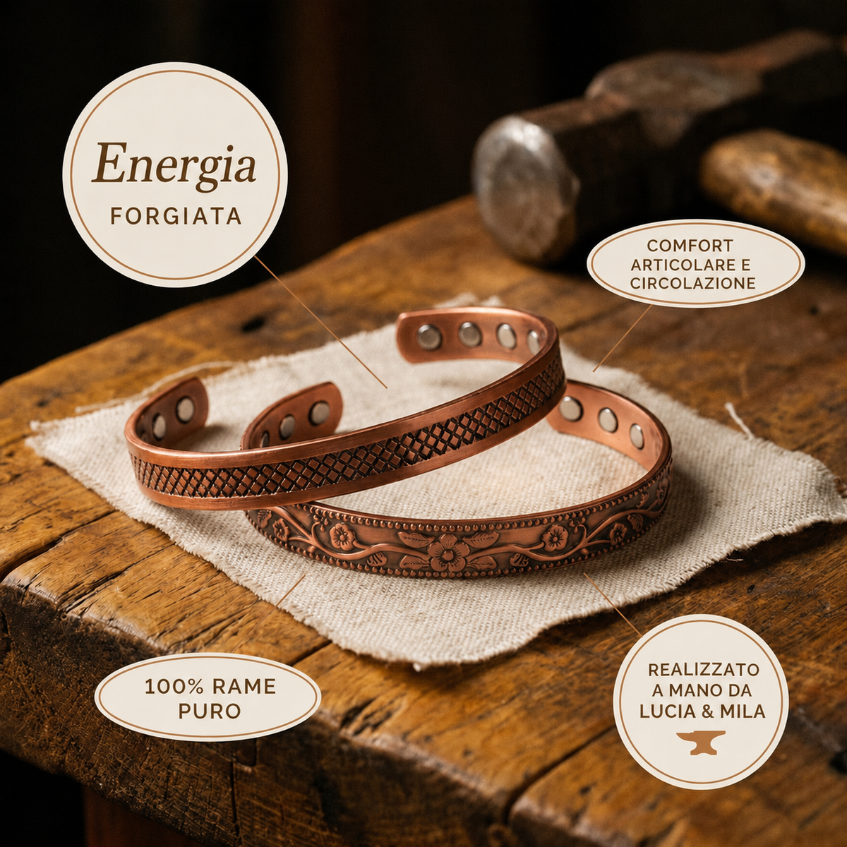 Pulsera de cobre forjado con magnete
