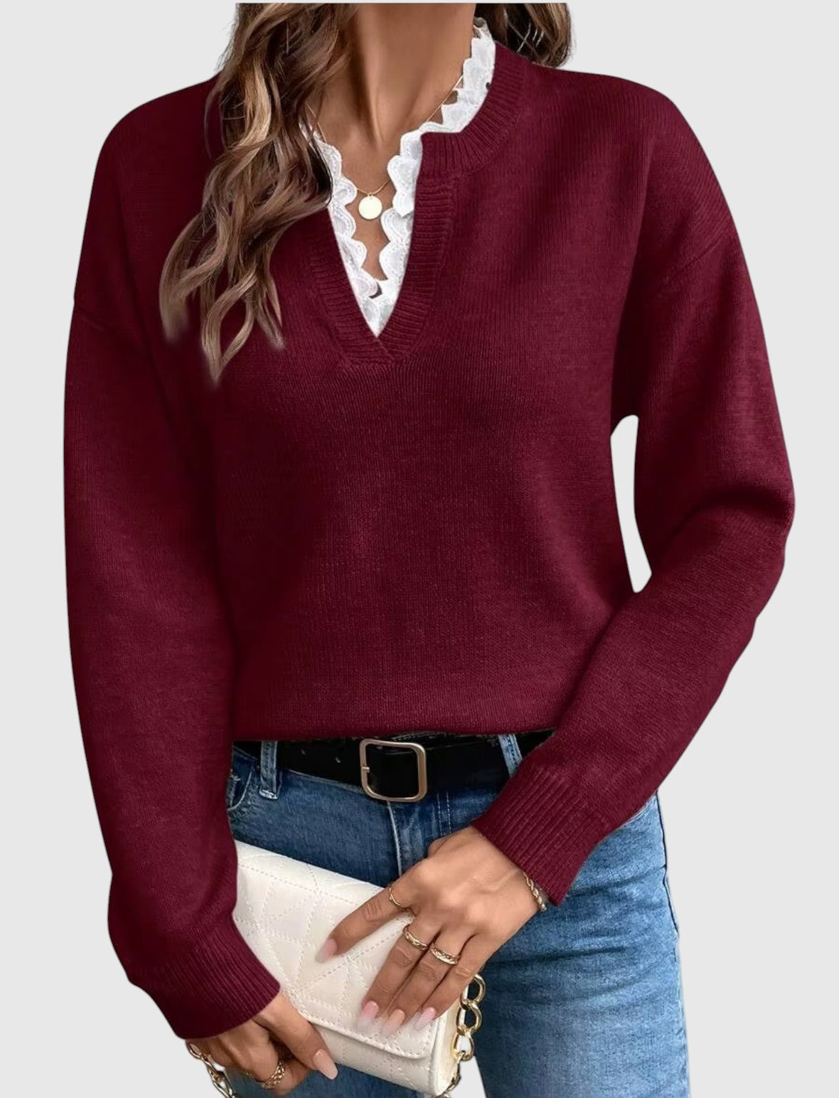 Suéter de cuello en V con encaje