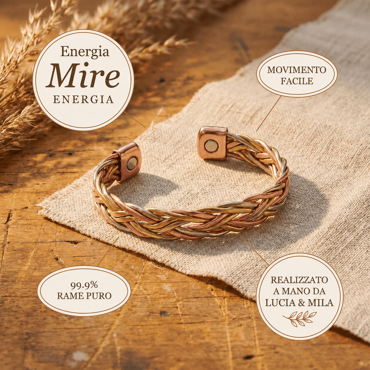 Pulsera de cobre trenzado con magnete